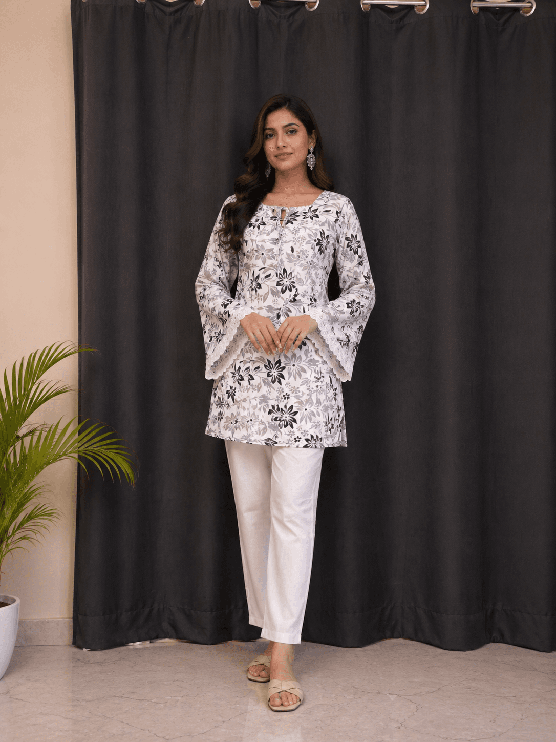 Black & White Floral Short Kurti