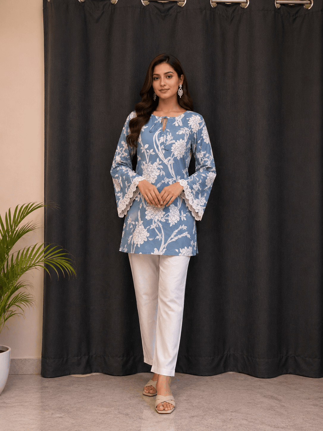 Powder Blue Floral Short Kurti