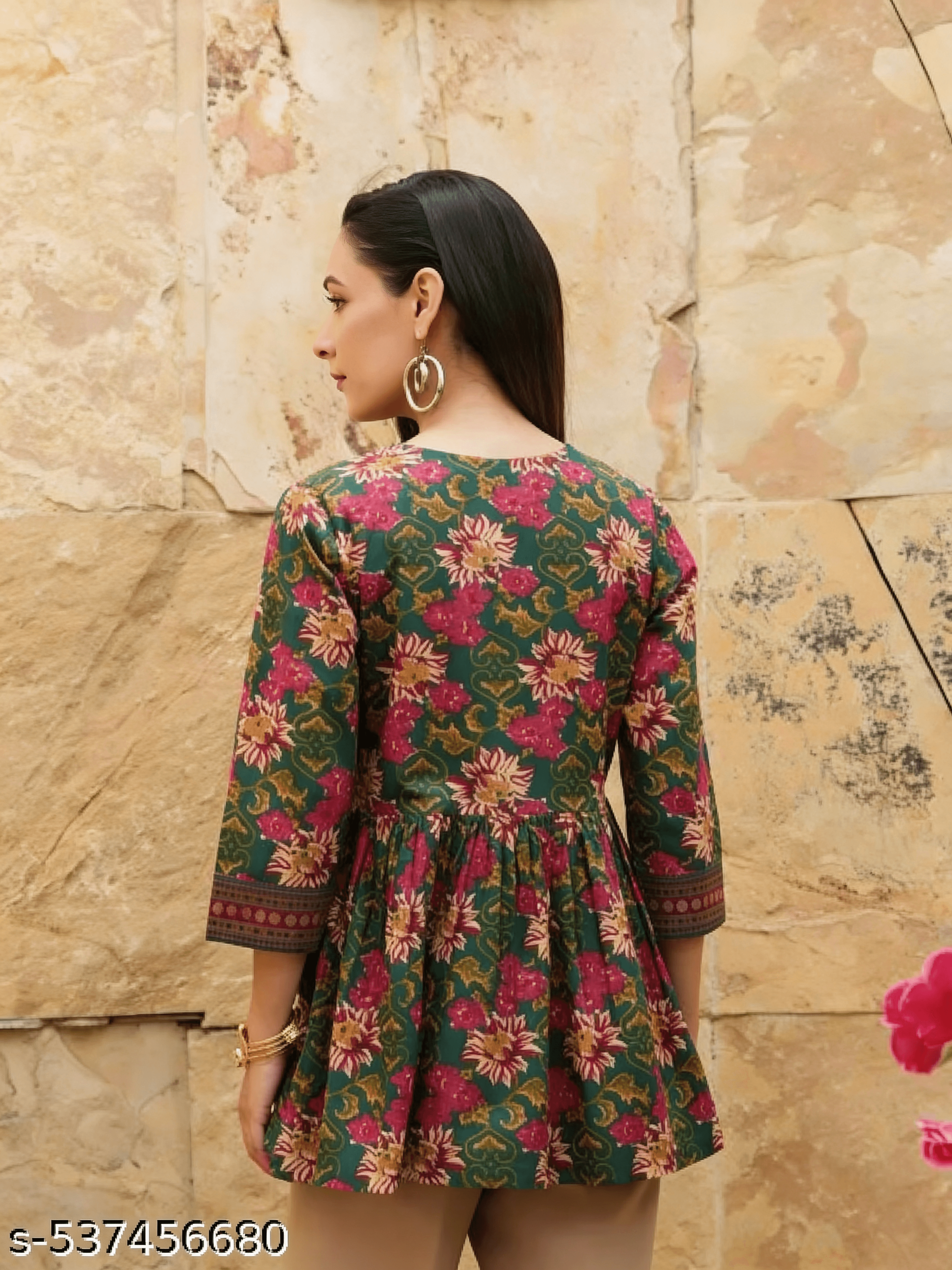 Bottle Green Floral Short Kurti — view 3