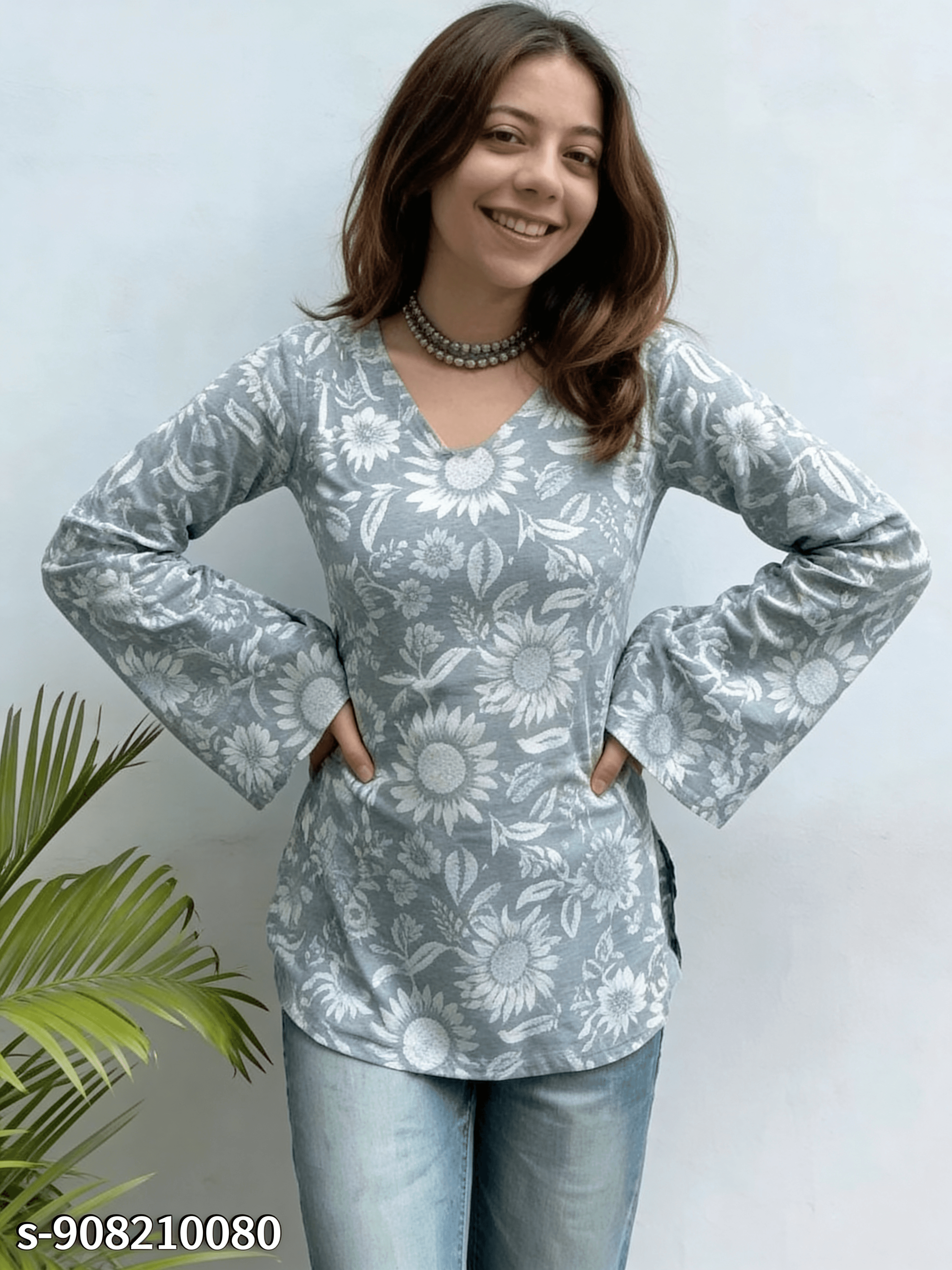 Grey Floral Short Kurti — view 3