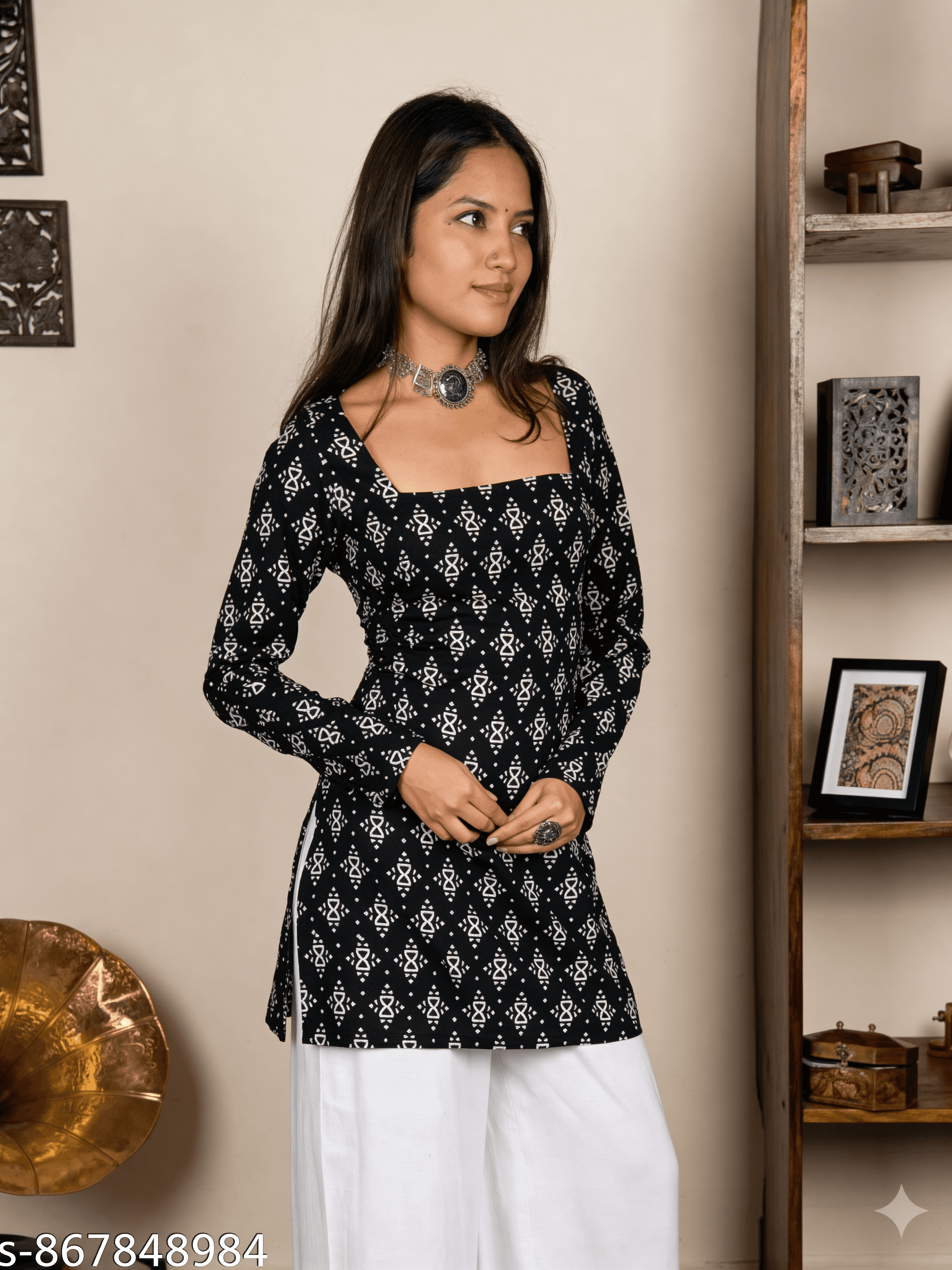 Black & White Ikat Short Kurti — view 1