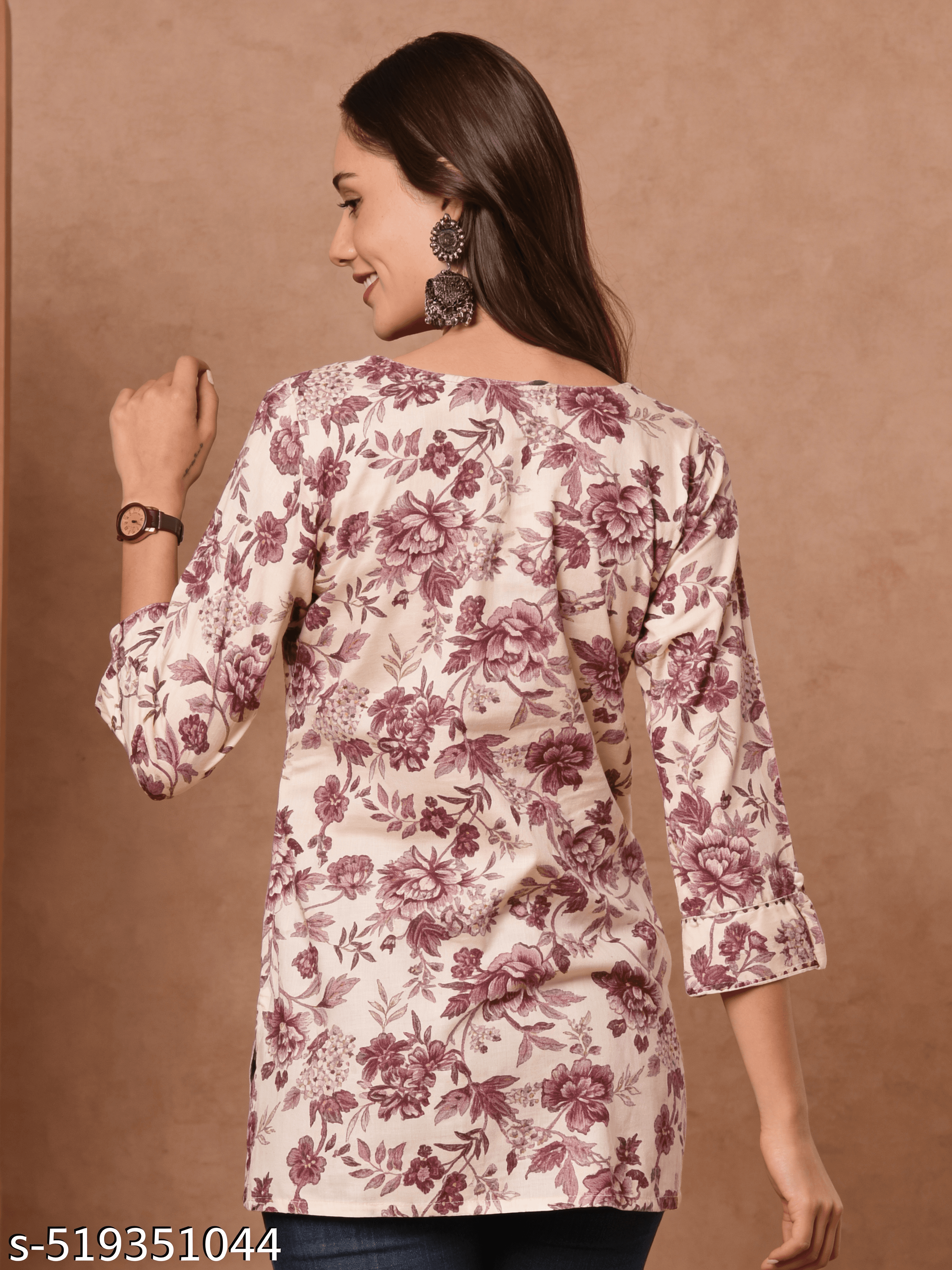 Ivory Mauve Floral Short Kurti — view 3
