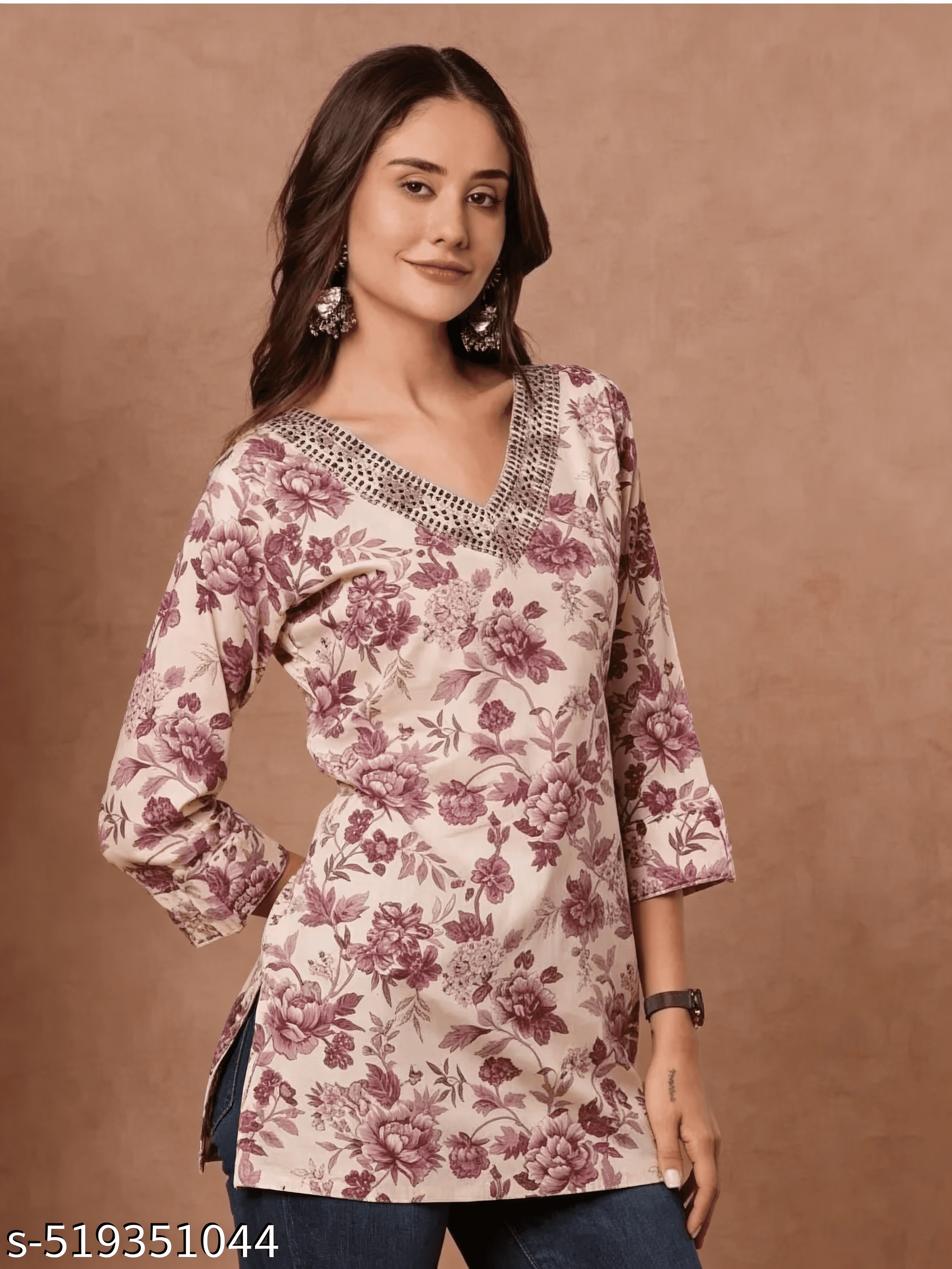 Ivory Mauve Floral Short Kurti — view 1