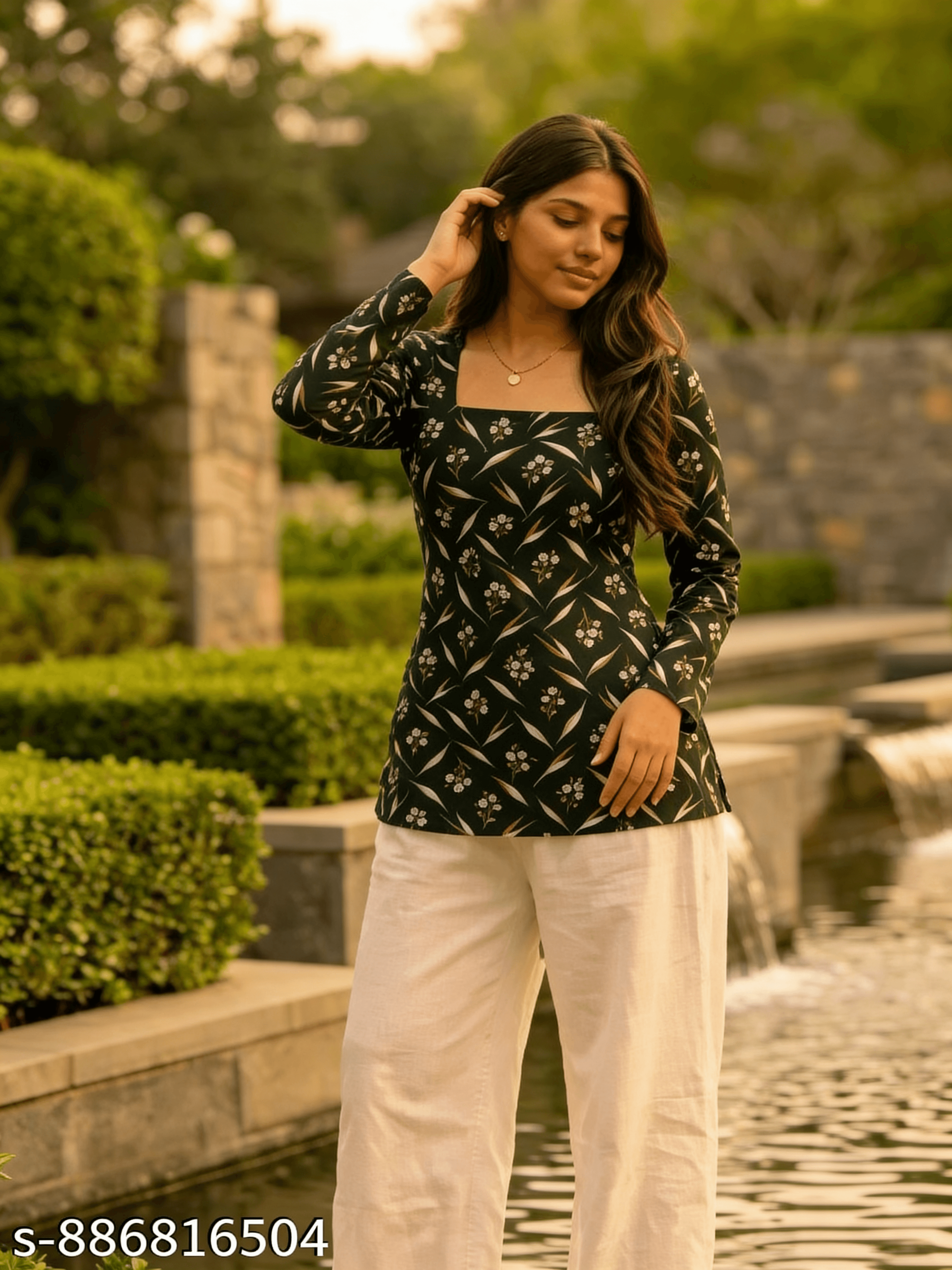 Bottle Green Ikat Short Kurti — view 1