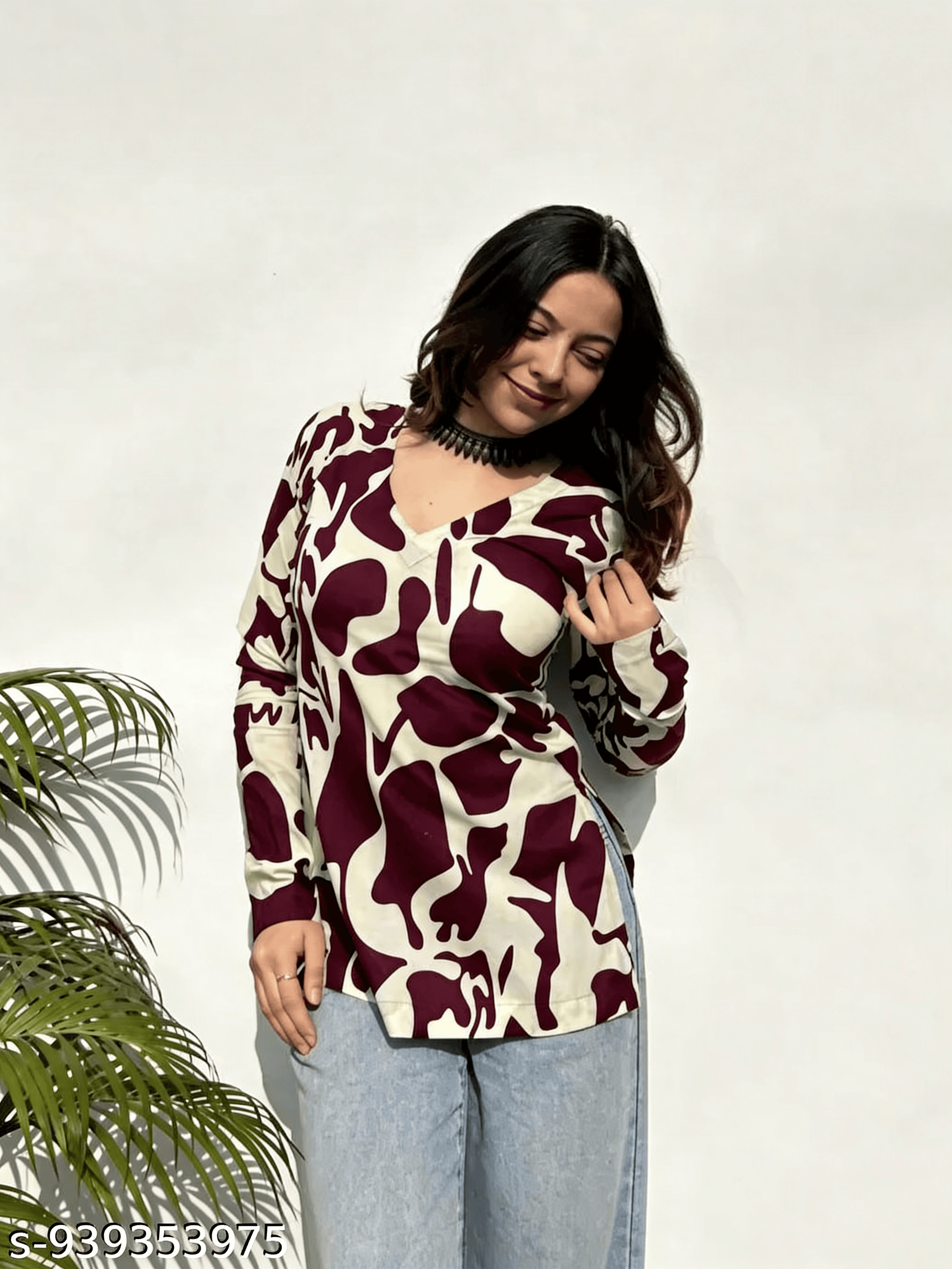 Wine & Cream Abstract Kurti — view 1