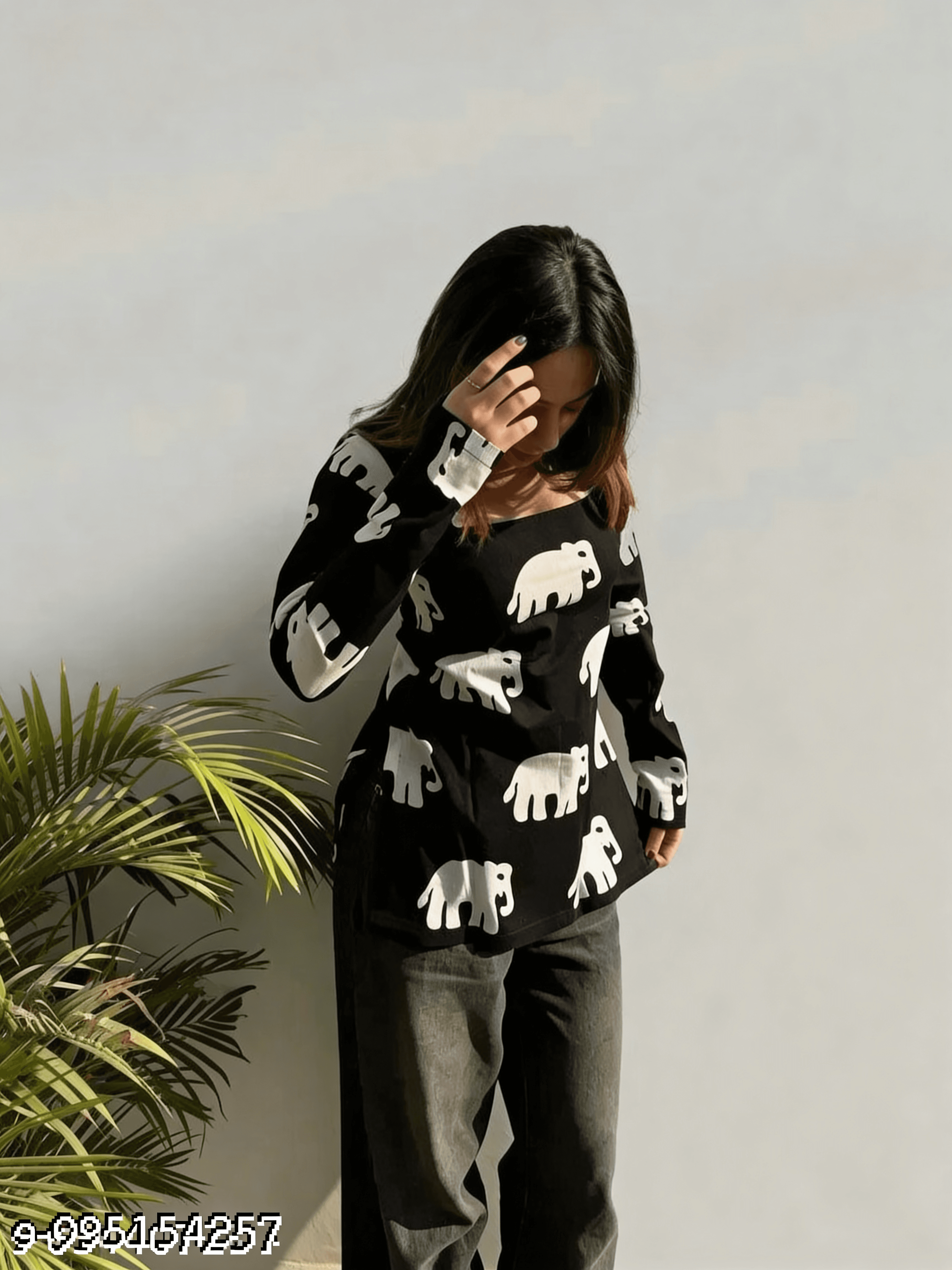 Black Elephant Print Short Kurti — view 1